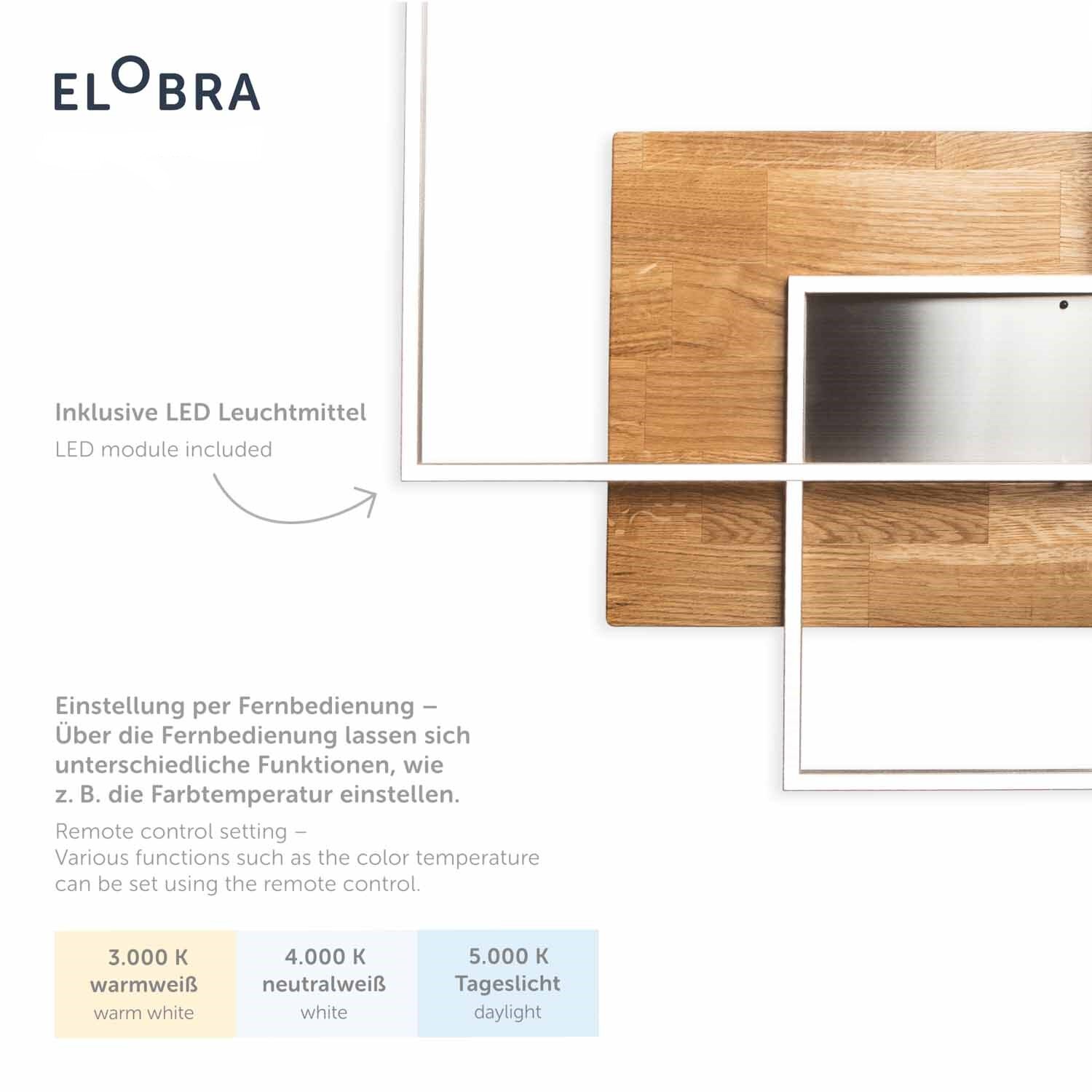 LED-Deckenleuchte mit Holz- und Metallakzenten, inklusive LED-Modul, aus der Vogelperspektive fotografiert.