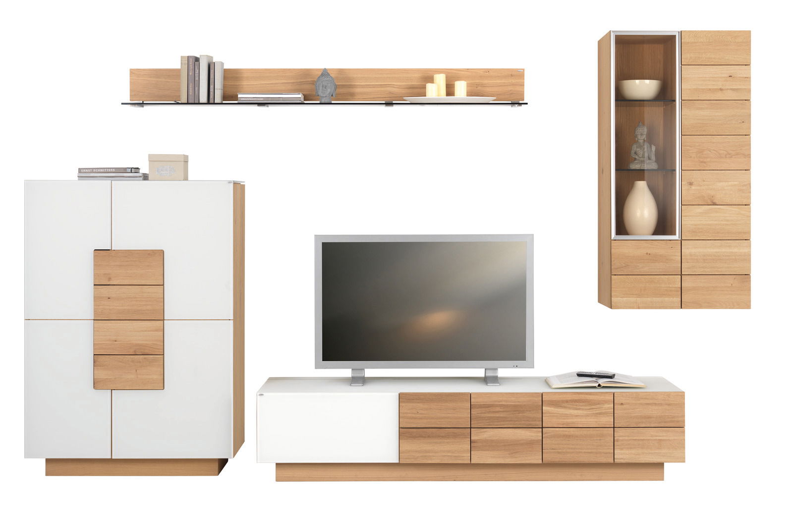 Moderne Wohnwand Voglauer VMONTANARA in Holzoptik mit weißem Akzent, bestehend aus einem TV-Board, einem Hängeschrank und einem Regal, frontal abgebildet.