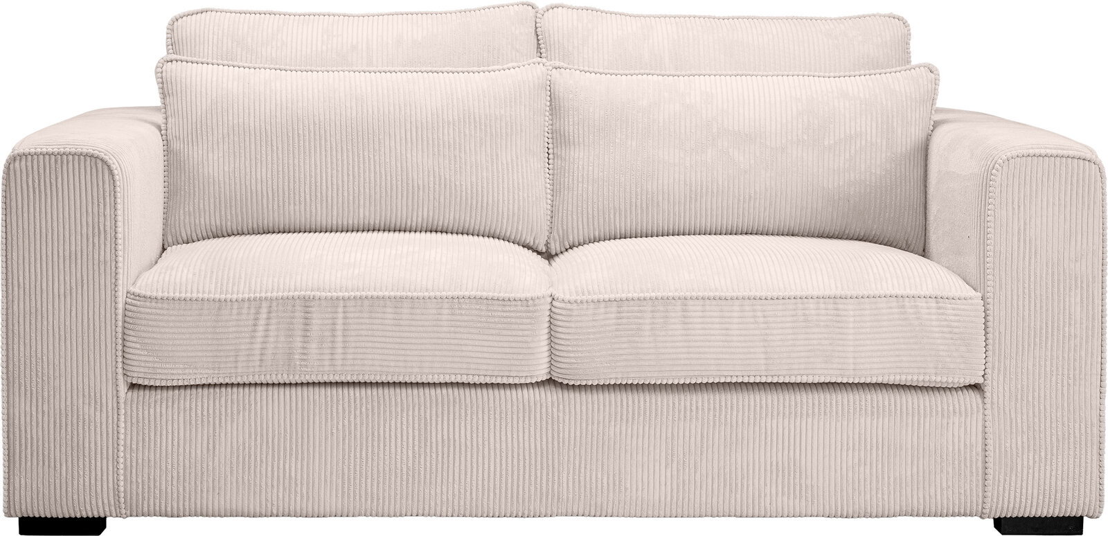 Beiges 2-Sitzer-Sofa mit Cordbezug, breiten Armlehnen und zwei Sitz- sowie Rückenkissen, Frontansicht.