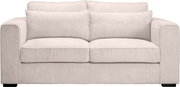 Beiges 2-Sitzer-Sofa mit Cordbezug, breiten Armlehnen und zwei Sitz- sowie Rückenkissen, Frontansicht.
