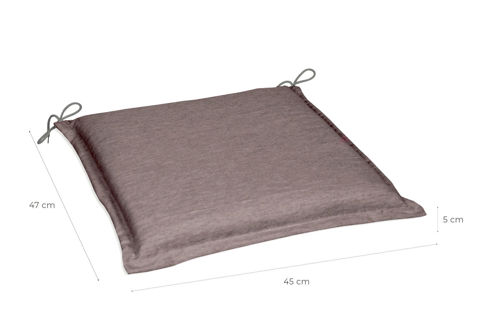 Quadratisches Sitzkissen in Taupe mit Bindebändern, ca. 45 x 47 cm und 5 cm dick, freigestellt auf weißem Hintergrund, schräg von oben in Perspektive fotografiert