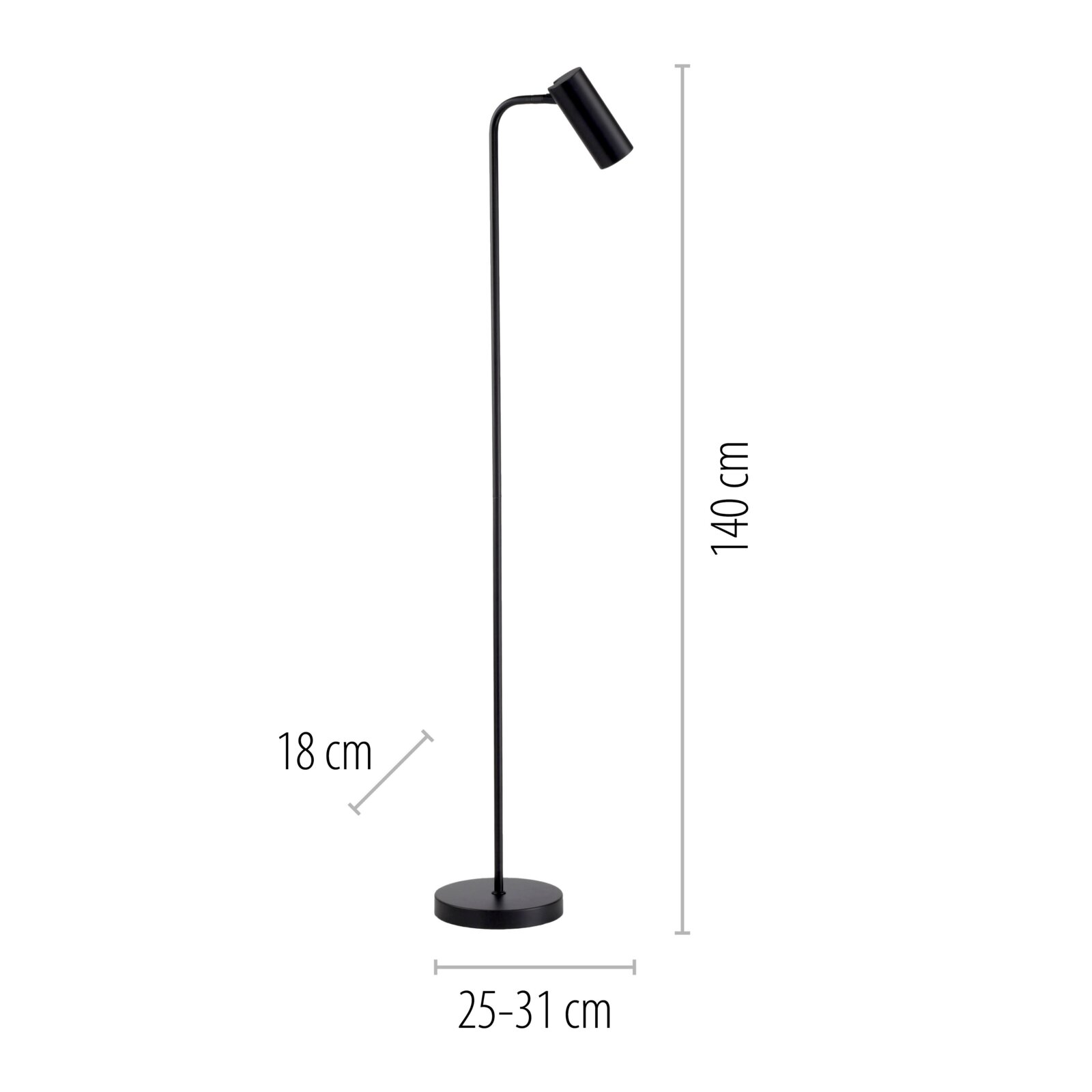 Schwarze, schlanke LED-Stehleuchte mit rundem Standfuß und zylindrischem, verstellbarem Lampenkopf, Höhe ca. 140 cm, Fußdurchmesser ca. 25–31 cm, Seitenansicht vor weißem Hintergrund.