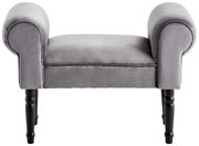 Grauer Hocker mit gepolsterten Armlehnen und schwarzen Beinen, seitliche Perspektive