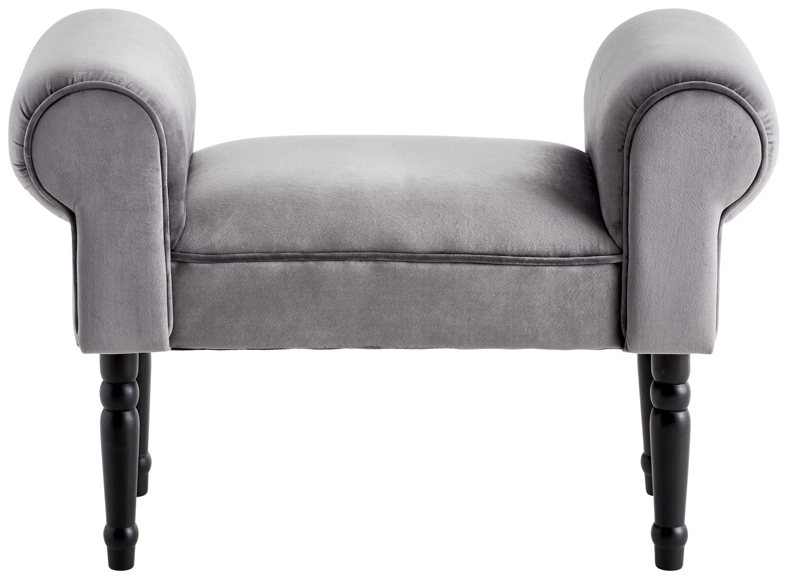 Grauer Hocker mit gepolsterten Armlehnen und schwarzen Beinen, seitliche Perspektive