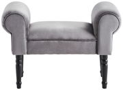 Grauer Hocker mit gepolsterten Armlehnen und schwarzen Beinen, seitliche Perspektive