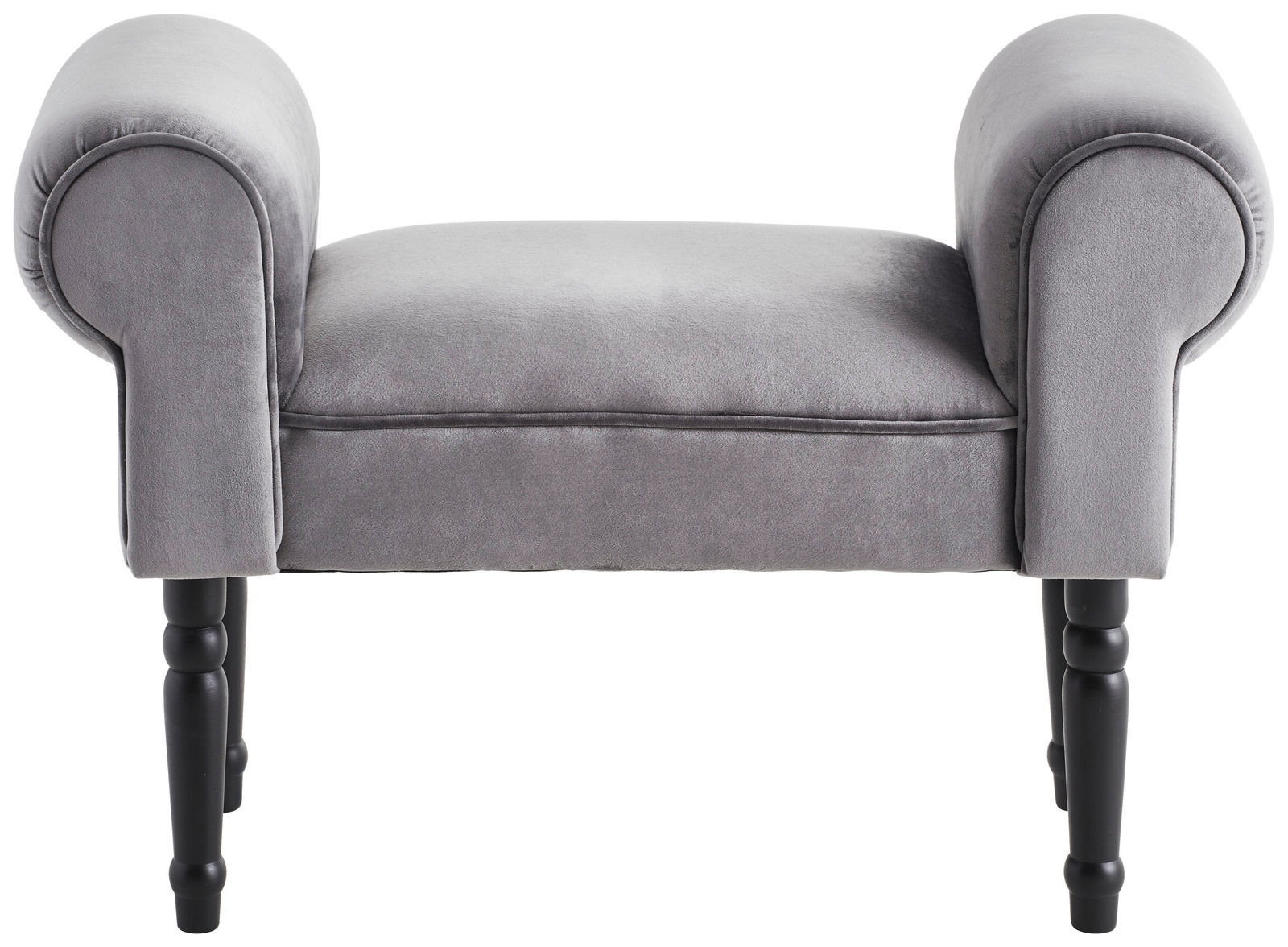 Grauer Hocker mit gepolsterten Armlehnen und schwarzen Beinen, seitliche Perspektive