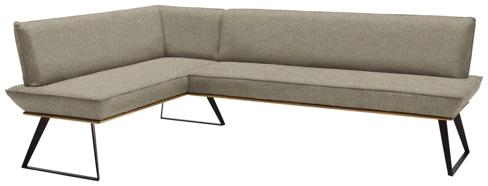 Eckbank in L-Form mit grauem Stoffbezug und schwarzen Metallbeinen, Perspektive von vorne rechts