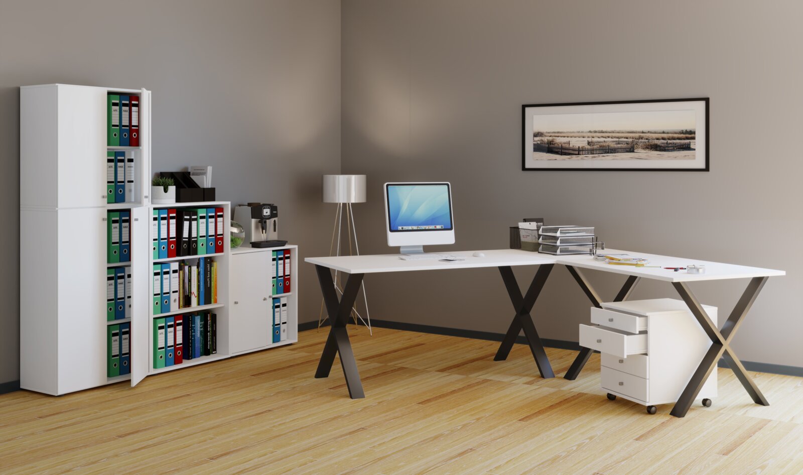 VCM Eck-Schreibtisch LONA Modernes Büro mit weißem Schreibtisch auf X-Gestell, Rollcontainer und Aktenregalen, perspektivische Ansicht schräg von vorn.