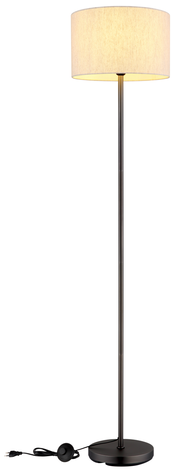 Stehleuchte mit rundem, hellem Lampenschirm und schwarzem Ständer, seitliche Perspektive