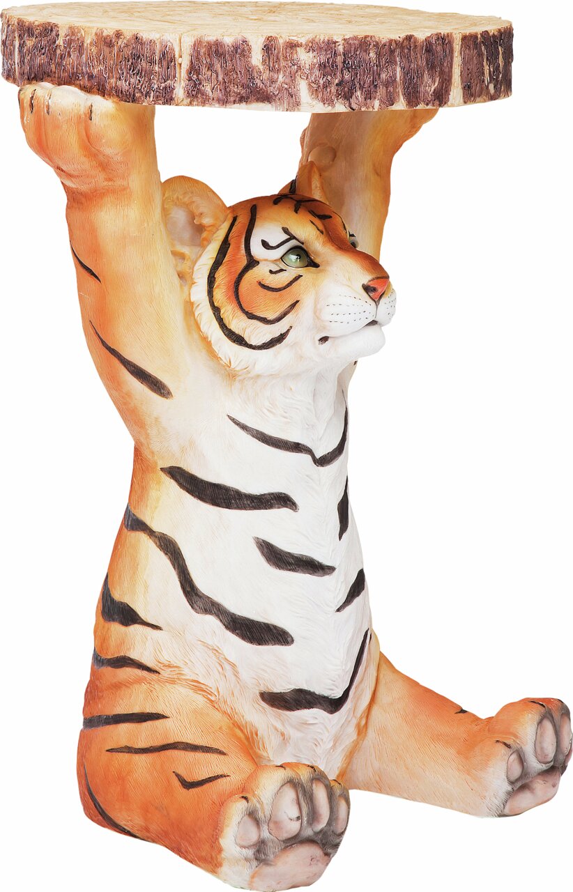 Karé Beistelltisch Tiger Beistelltisch in Form eines sitzenden Tigers, der die Tischplatte mit den Vorderpfoten hält, seitliche Perspektive