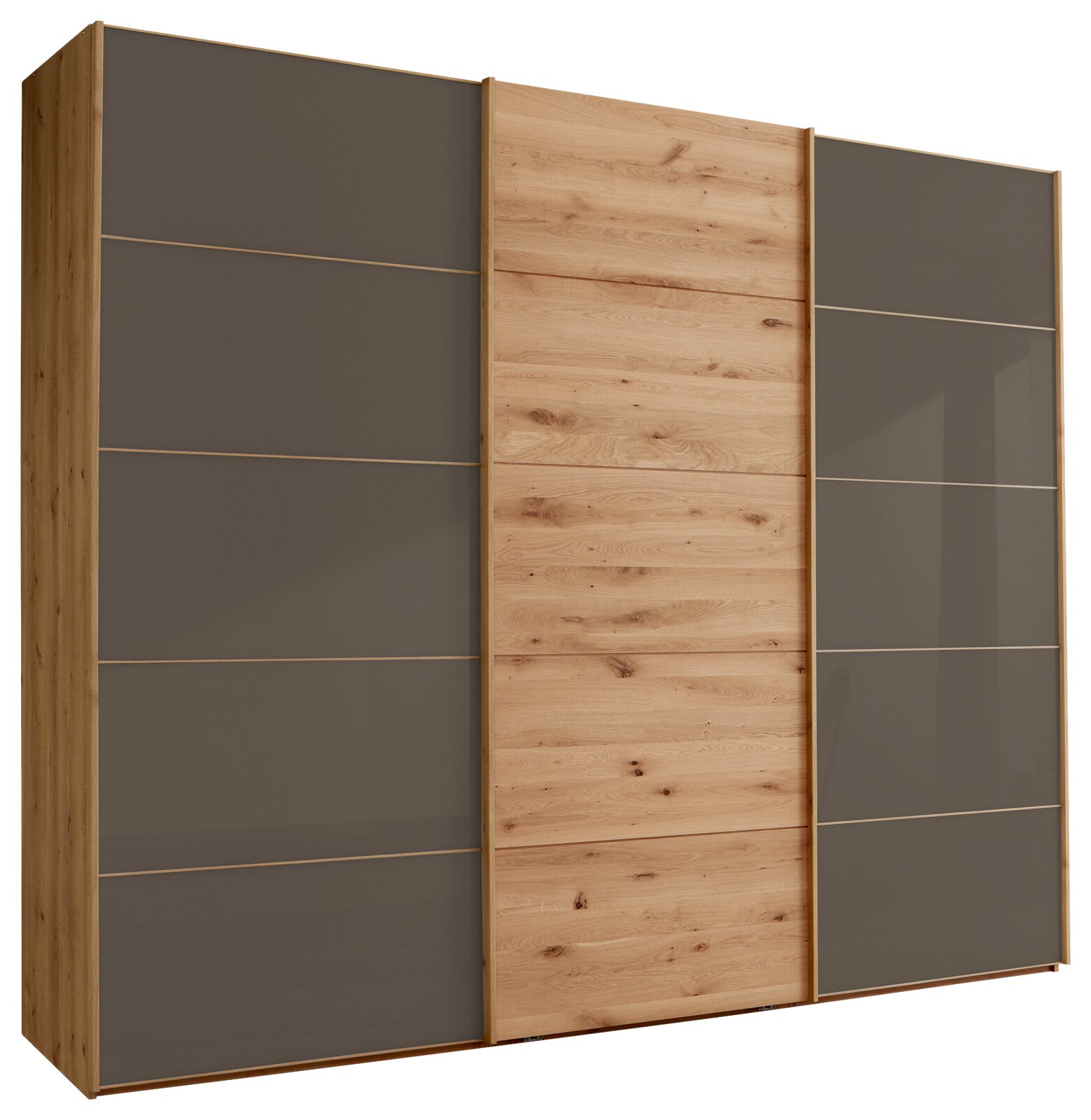 Linea Natura Schwebetürenschrank 3-türig CARDIFF Moderner Schwebetürenschrank mit drei Türen in Holzoptik und grauen Paneelen, Frontalansicht.
