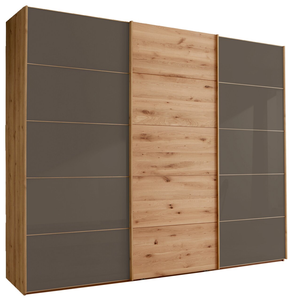 Moderner Schwebetürenschrank mit drei Türen in Holzoptik und grauen Paneelen, Frontalansicht.