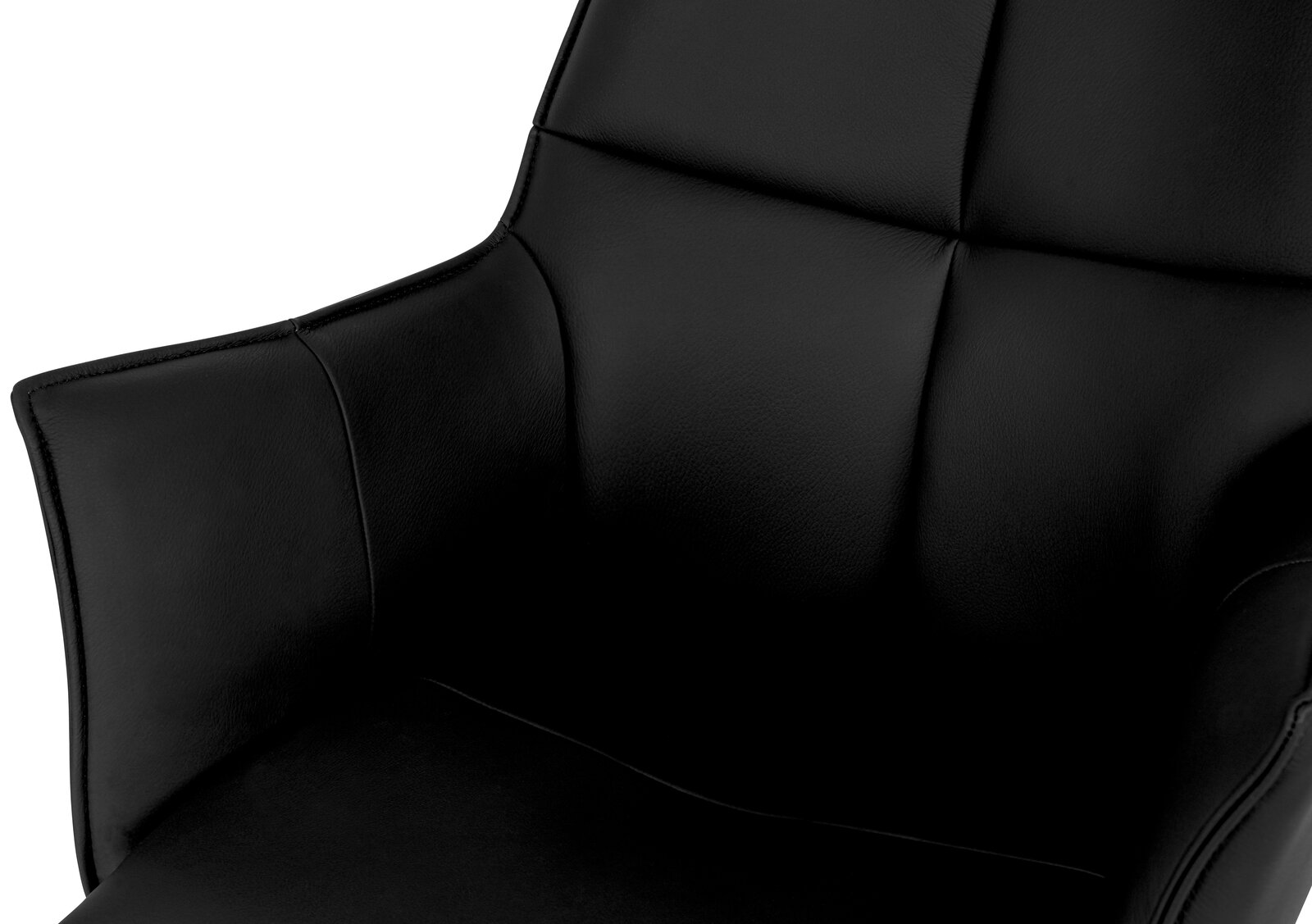 Nahaufnahme eines schwarzen Armlehnstuhls aus Leder, Ansicht von schräg oben