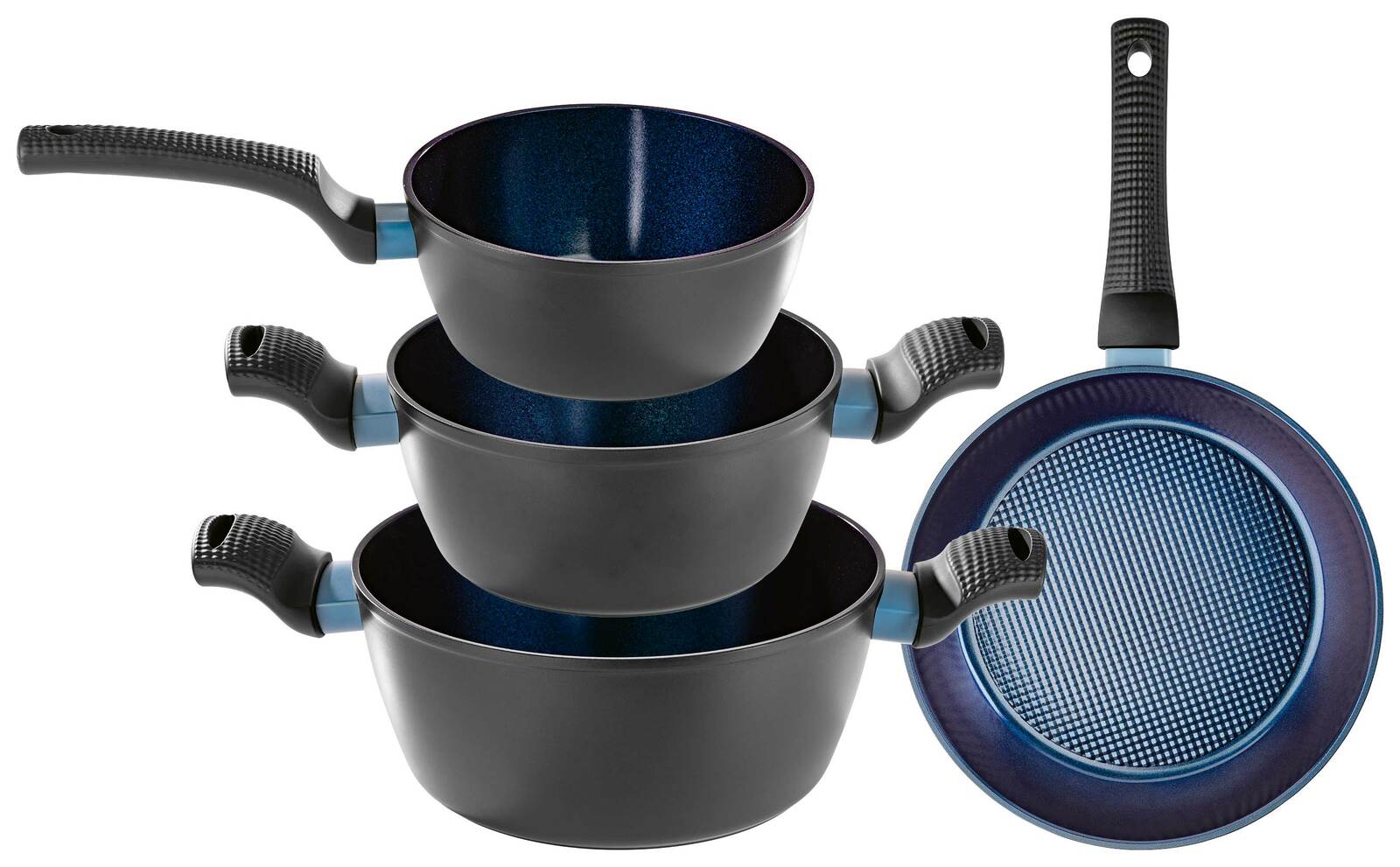 Topfset 7-teilig, bestehend aus drei stapelbaren Töpfen und einer Pfanne mit blauer Antihaftbeschichtung, seitliche Perspektive
