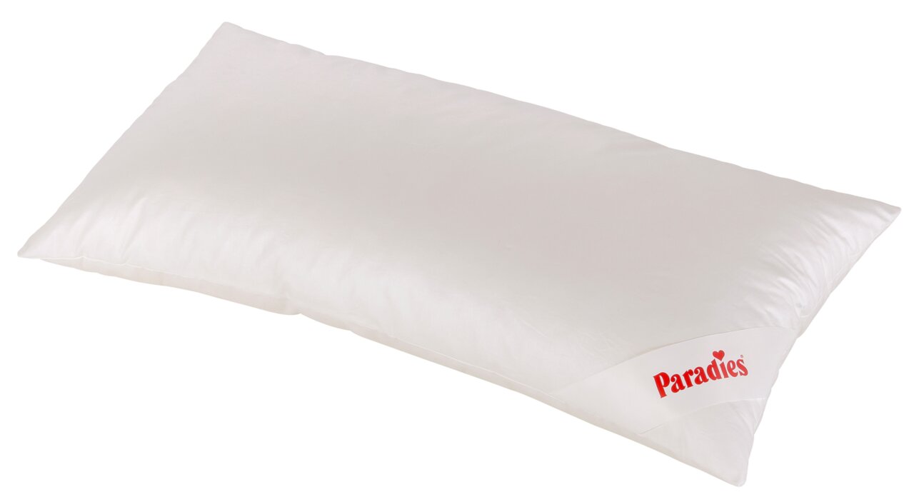 Paradies Softy Kissen JUNA BIO Weißes Kissen mit Paradies-Logo, seitliche Perspektive