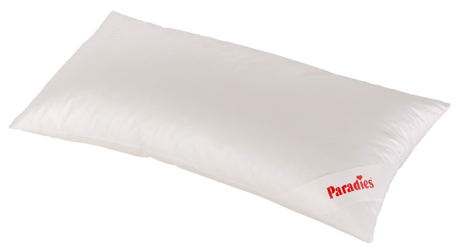 Weißes Kissen mit Paradies-Logo, seitliche Perspektive