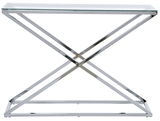 Moderne Konsole mit Glasplatte und verchromtem Metallgestell, seitliche Perspektive