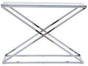 Moderne Konsole mit Glasplatte und verchromtem Metallgestell, seitliche Perspektive