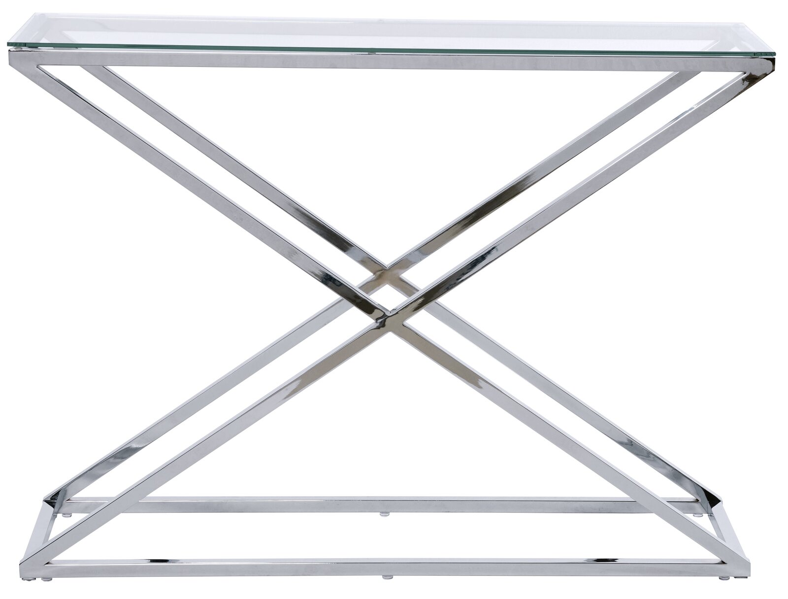 Moderne Konsole mit Glasplatte und verchromtem Metallgestell, seitliche Perspektive