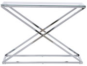 Moderne Konsole mit Glasplatte und verchromtem Metallgestell, seitliche Perspektive