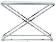 Moderne Konsole mit Glasplatte und verchromtem Metallgestell, seitliche Perspektive
