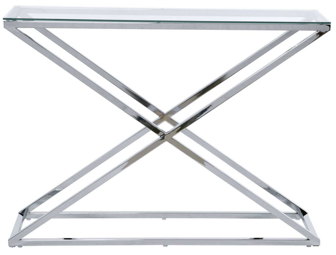 Moderne Konsole mit Glasplatte und verchromtem Metallgestell, seitliche Perspektive