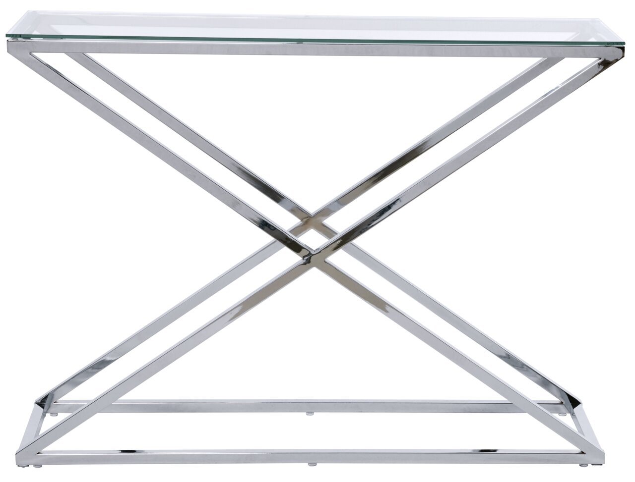 Moderne Konsole mit Glasplatte und verchromtem Metallgestell, seitliche Perspektive