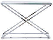 Moderne Konsole mit Glasplatte und verchromtem Metallgestell, seitliche Perspektive