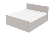 Hellgraues, gepolstertes Boxspringbett mit hohem Kopfteil und geradem Fußteil, ohne Bettwäsche, in schräger Vorderansicht (3/4-Perspektive) auf weißem Hintergrund