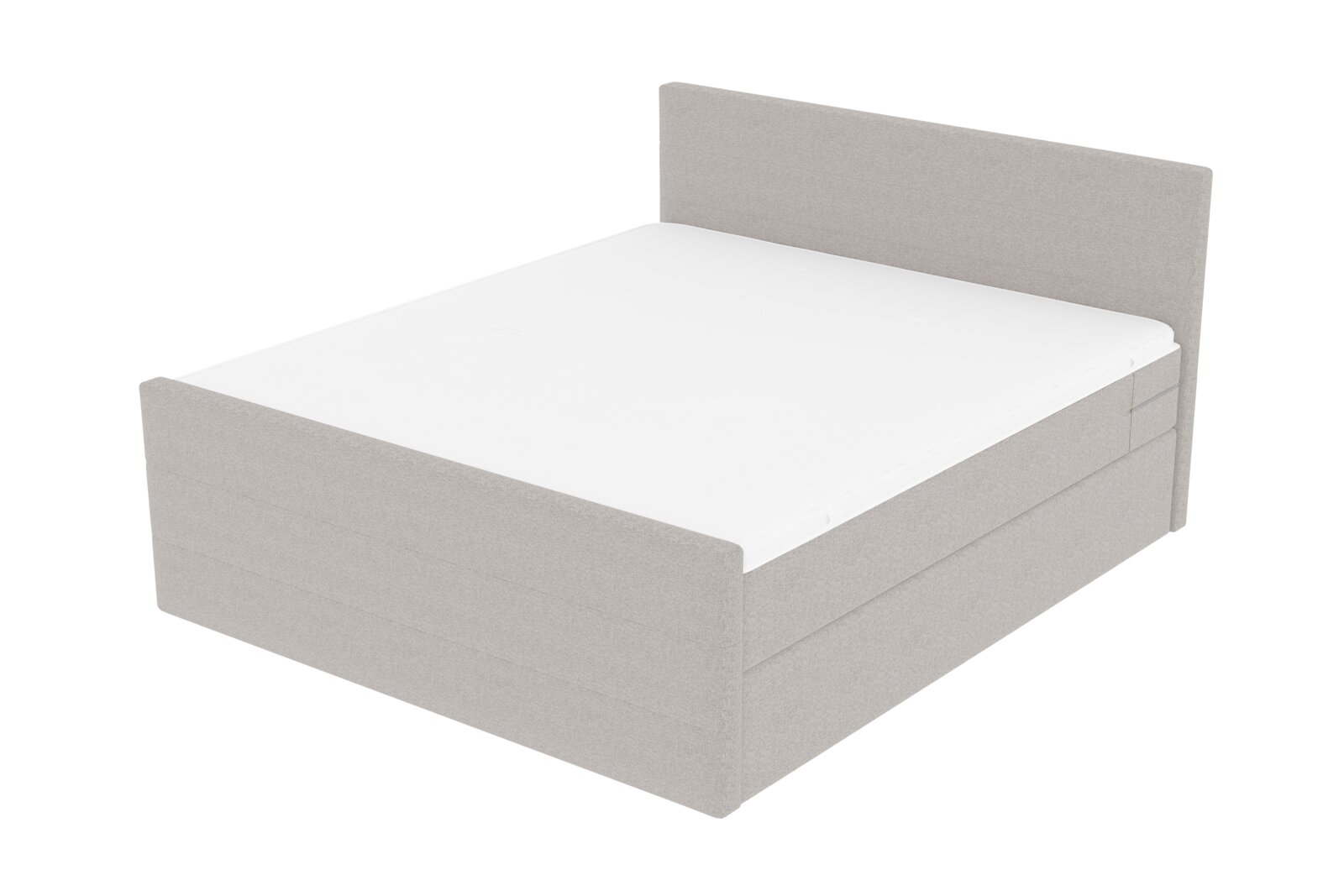Hellgraues, gepolstertes Boxspringbett mit hohem Kopfteil und geradem Fußteil, ohne Bettwäsche, in schräger Vorderansicht (3/4-Perspektive) auf weißem Hintergrund