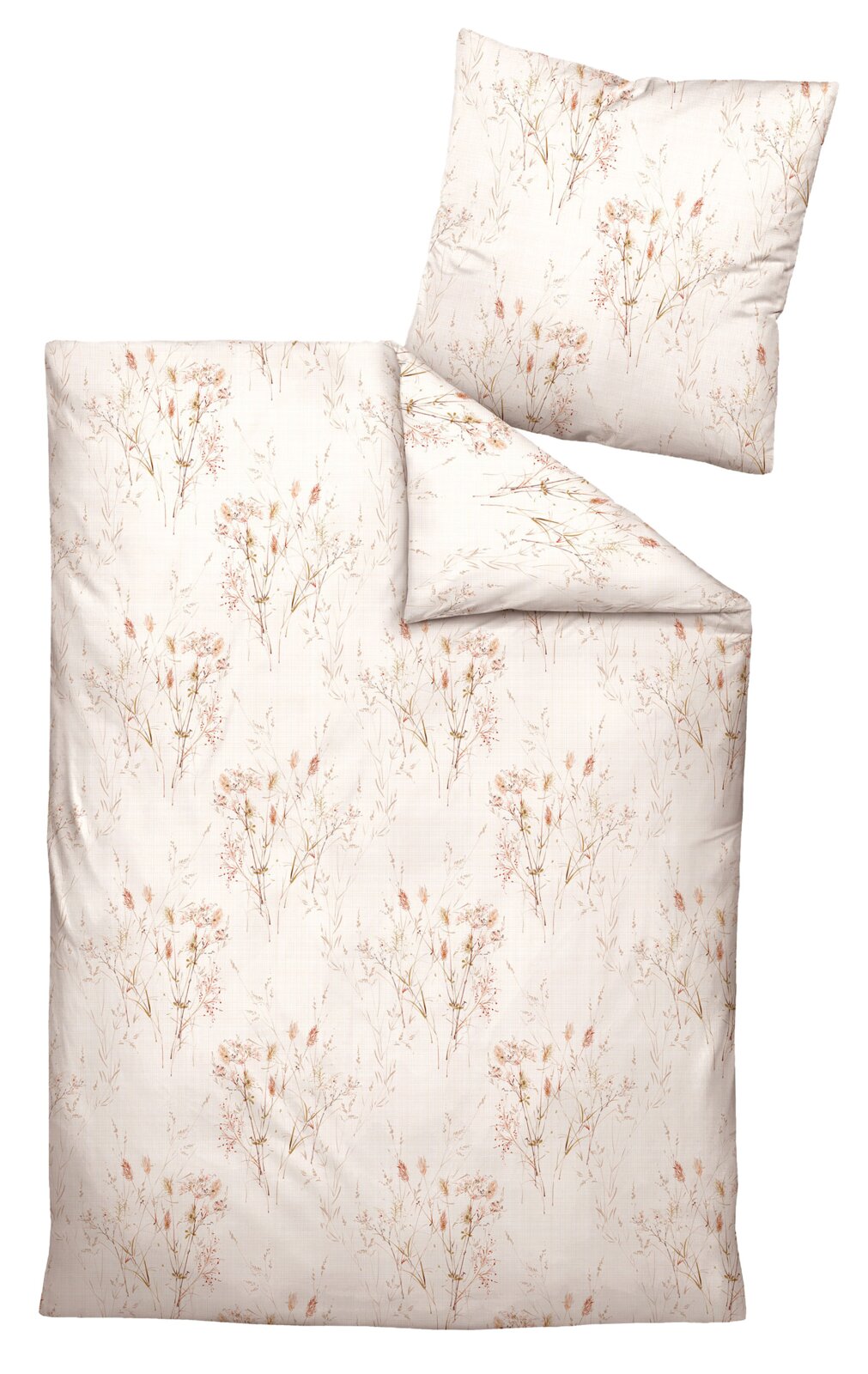 Bettwäsche-Set mit floralem Muster in sanften Farben, bestehend aus einem Kissenbezug und einem Bettdeckenbezug, aus der Vogelperspektive fotografiert.