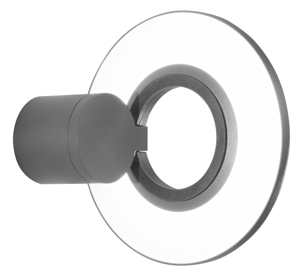 Moderne LED-buitenwandlamp in zijaanzicht met een ronde, transparante lichtring en een grijze behuizing.