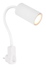 Weiße Wandleuchte aus Kunststoff mit flexiblem Arm und Stecker, seitliche Perspektive