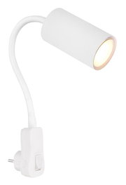 Weiße Wandleuchte aus Kunststoff mit flexiblem Arm und Stecker, seitliche Perspektive