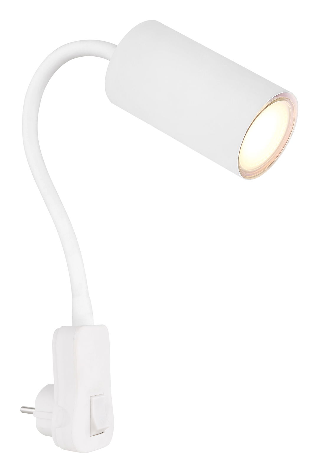 Weiße Wandleuchte aus Kunststoff mit flexiblem Arm und Stecker, seitliche Perspektive