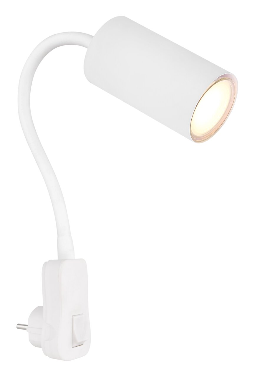 Witte wandlamp van kunststof met flexibele arm en stekker, zijaanzicht