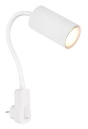 Weiße Wandleuchte aus Kunststoff mit flexiblem Arm und Stecker, seitliche Perspektive