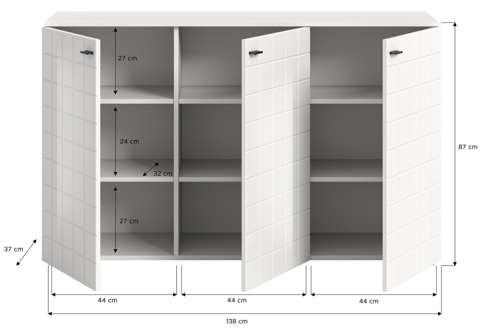 Weißes Sideboard mit drei offenen Türen, zeigt Innenfächer und Maße aus frontaler Perspektive.