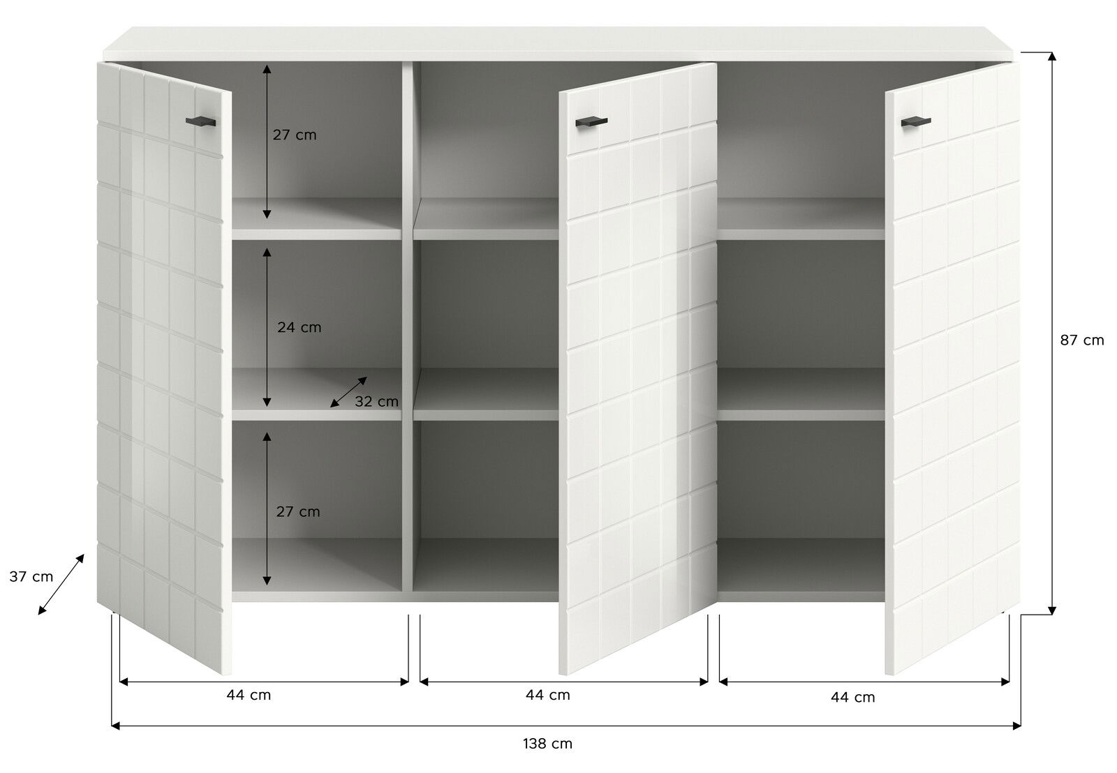 Weißes Sideboard mit drei offenen Türen, zeigt Innenfächer und Maße aus frontaler Perspektive.