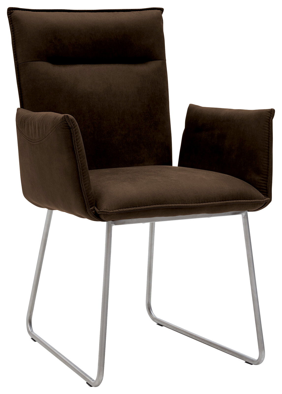 Moderner brauner Sessel mit Metallbeinen, seitliche Perspektive