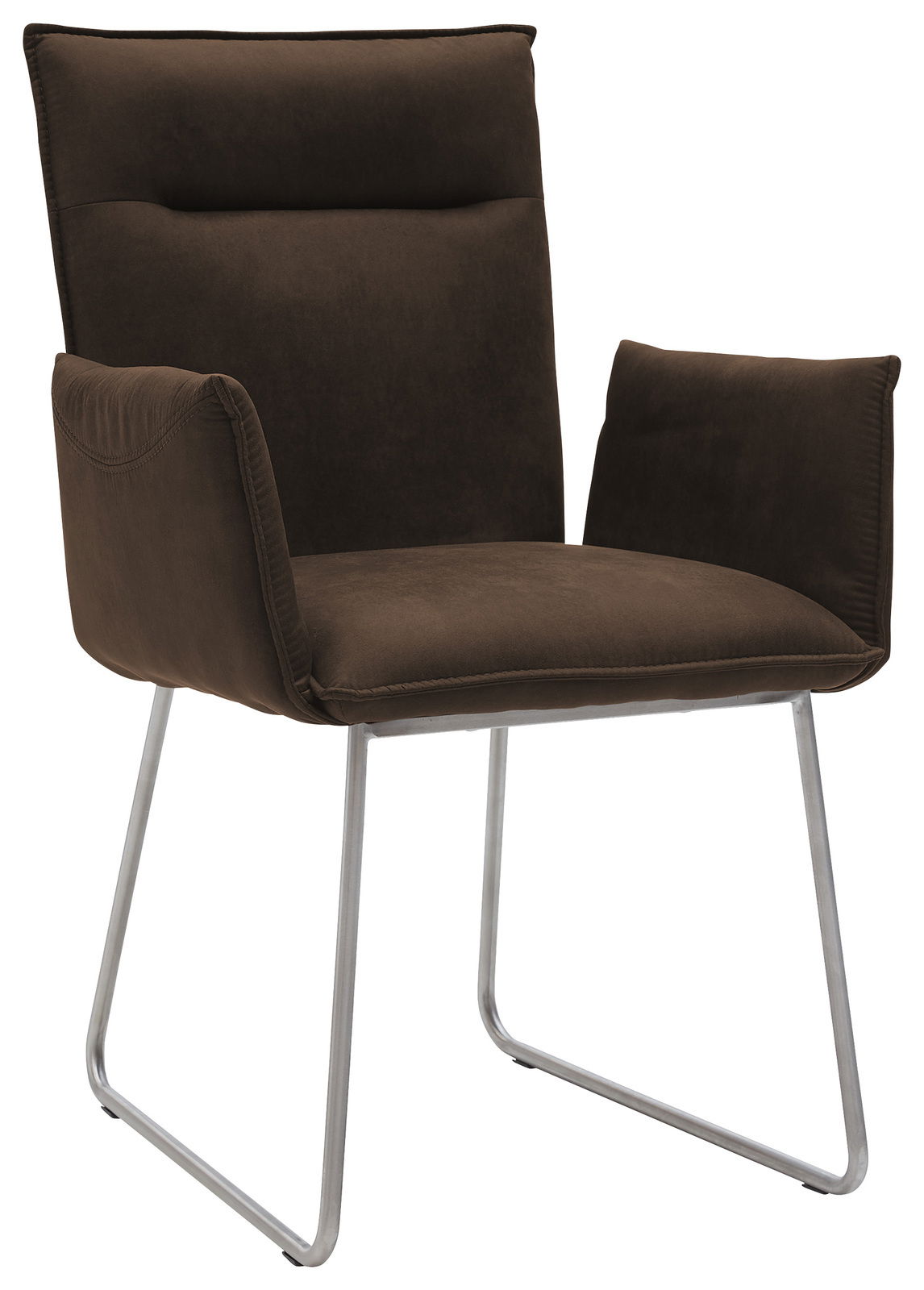 Moderner brauner Sessel mit Metallbeinen, seitliche Perspektive