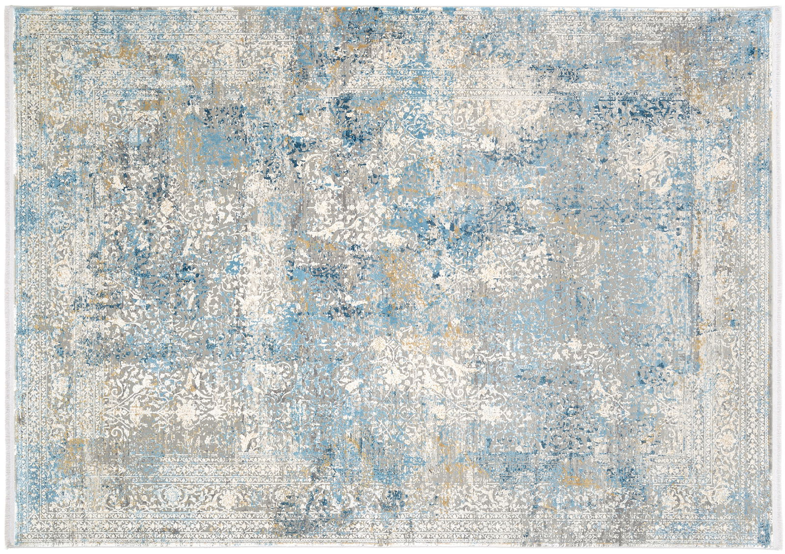 Designer Teppich in Blau- und Grautönen mit abstraktem Muster, Draufsicht