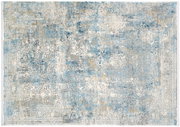 Designer Teppich in Blau- und Grautönen mit abstraktem Muster, Draufsicht