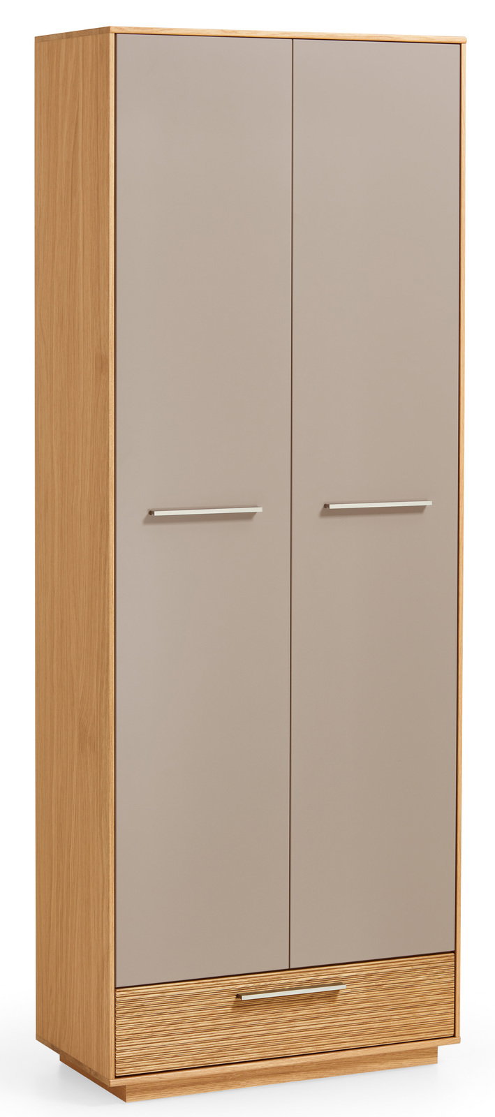 Moderner Dielenschrank aus Holz mit zwei grauen Türen und einer Schublade, frontal abgebildet.