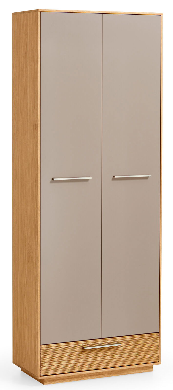 VOSS Dielenschrank LOVENO Moderner Dielenschrank aus Holz mit zwei grauen Türen und einer Schublade, frontal abgebildet.