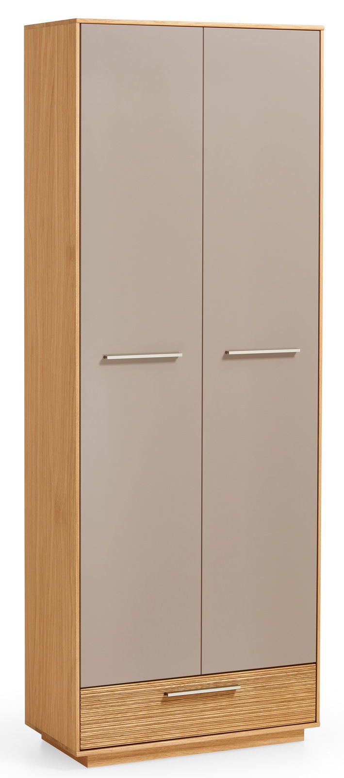 Moderner Dielenschrank aus Holz mit zwei grauen Türen und einer Schublade, frontal abgebildet.