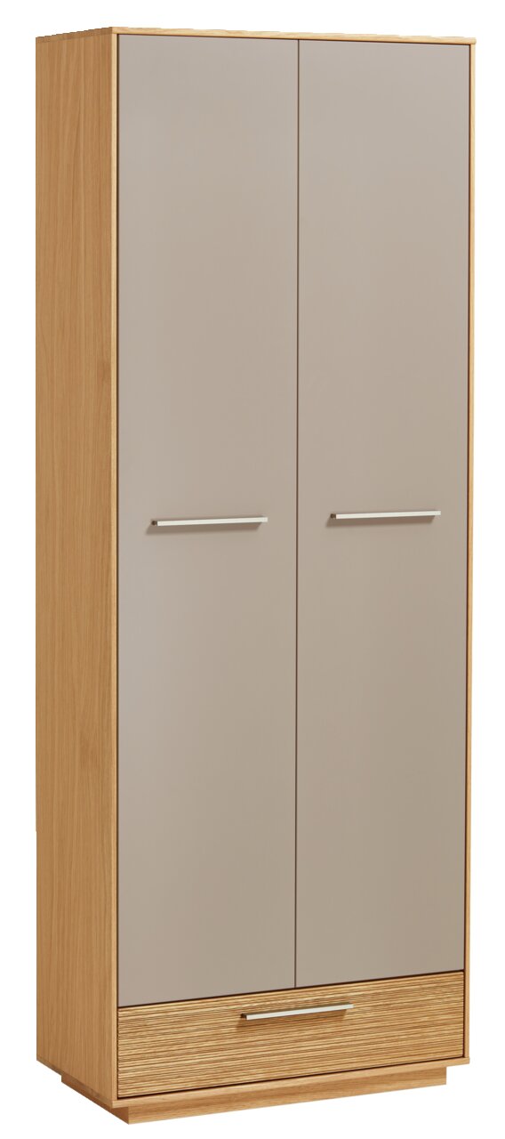 Moderner Dielenschrank aus Holz mit zwei grauen Türen und einer Schublade, frontal abgebildet.