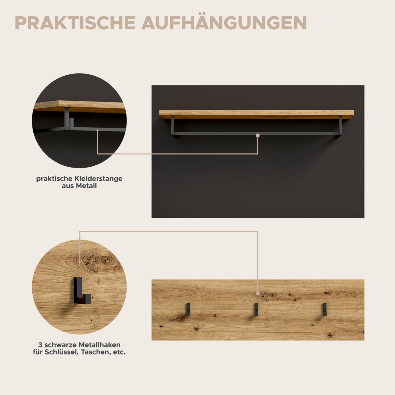 Marketinggrafik einer Wandgarderobe: Holzregal mit integrierter Metall-Kleiderstange und drei schwarzen Metallhaken, gezeigt in Frontansicht sowie Detailansichten der Aufhängungen.