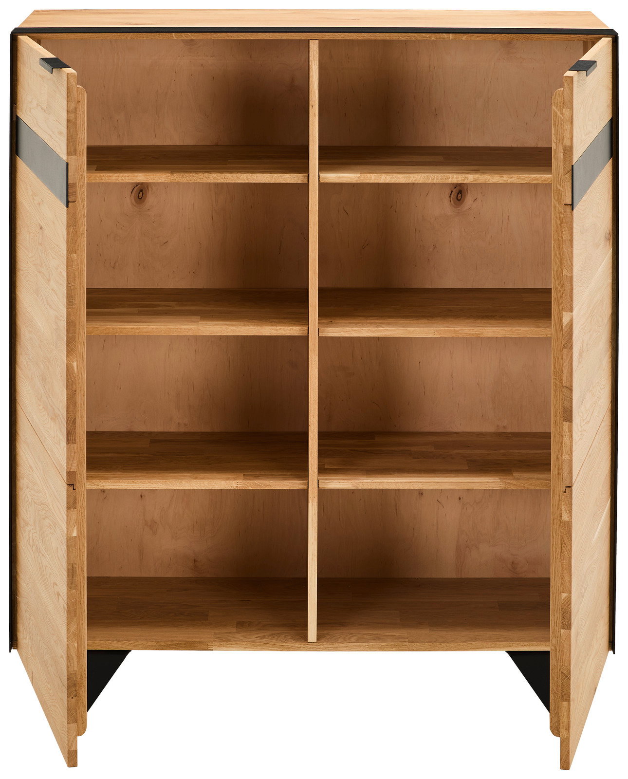 Offenes Highboard aus Holz mit vier Regalfächern, frontal betrachtet.