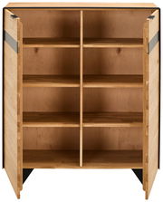 Offenes Highboard aus Holz mit vier Regalfächern, frontal betrachtet.